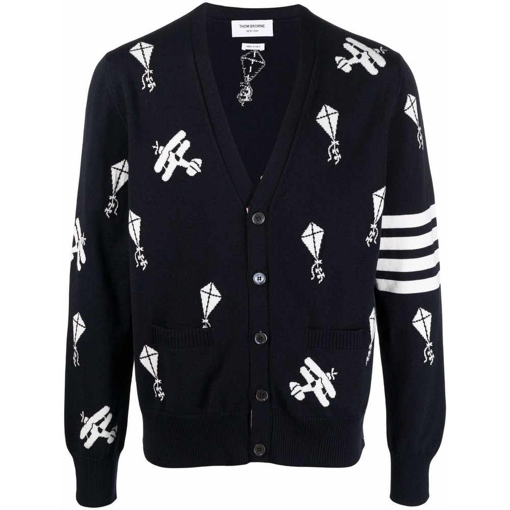 Thom Browne Navy Wool Kite Biplane Intarsia Cardigan 4-Bar Stripe Size 2 Italy